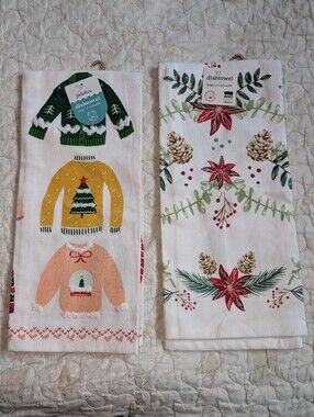 🆕 Festive Christmas Dish Towels Bundle - Ugly Sweater Poinsettia Designs Danica